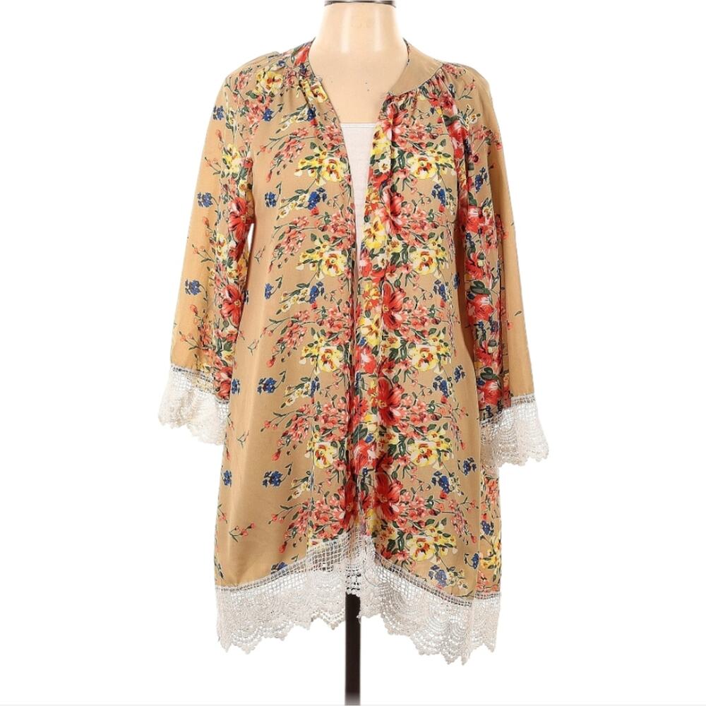 Relipop Floral‎ Lace Trimmed Boho Kimono Coverup Women's Size Large New